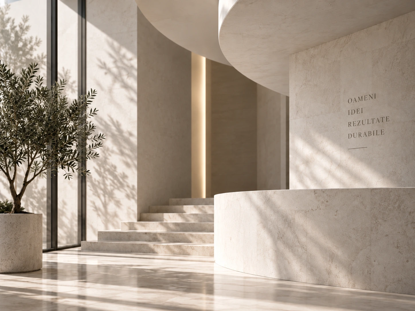 Interior contemporan luminos din piatră naturală, cu scară curbată și măslin